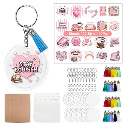 GLASSWINDS 140 PCS Acrylic Keychain Blank Set, 20 Style Double-Sided Book Theme UV DTF Stickers Discs Tassels Jump Rings, Acrylic Keychain Making Kit for DIY Crafts Vinyl Employee Appreciation Gift