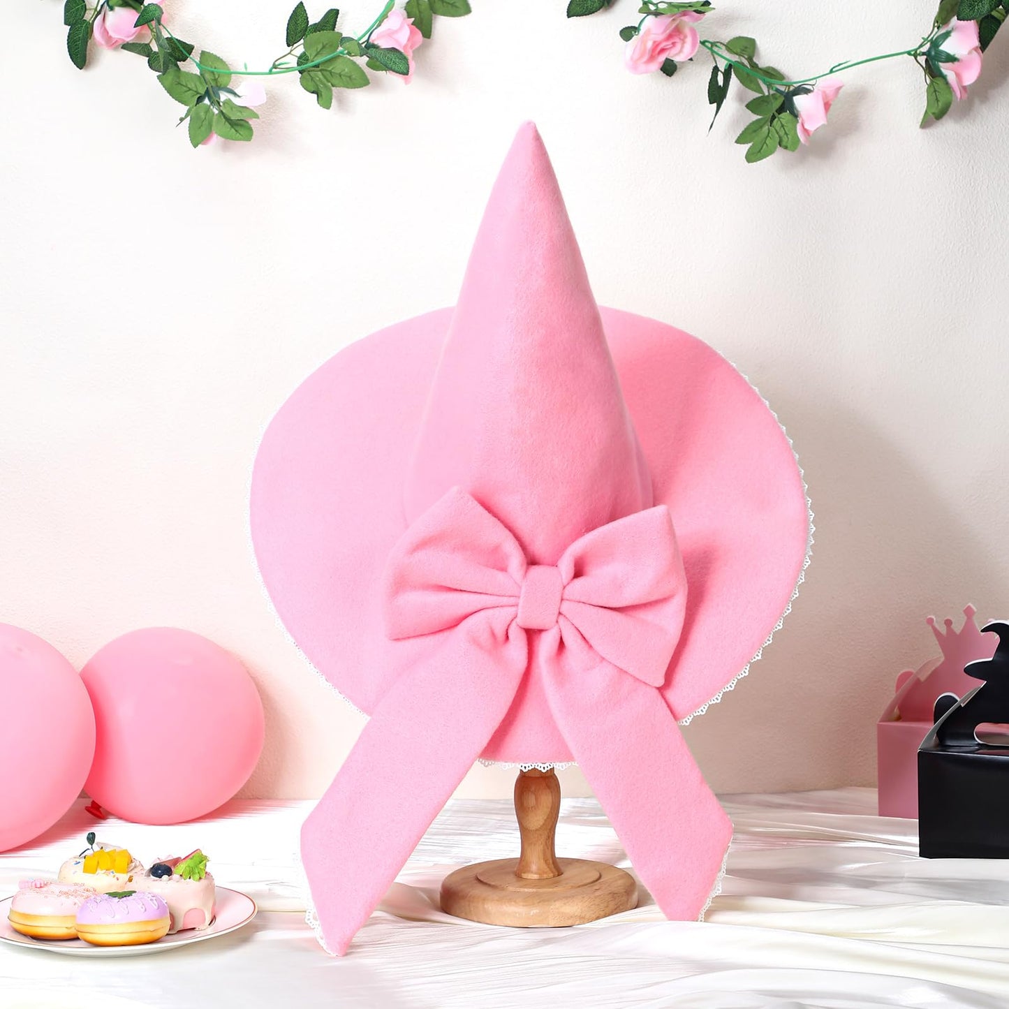 Jamntower Pink Bow Witch Hat Accessories Halloween Coquette Wool Felt Witch Hat for Women Cosplay Masquerade Party Supplies