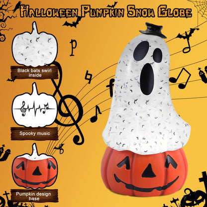 Halloween Snow Globe Lantern Spooky Glost and Pumpkin Halloween Snow Globes Musical Water Glitter Globe with 6H Timer Battery Operated or USB Powered for Spooky Home Decorations (Ghost and Pumpkin)