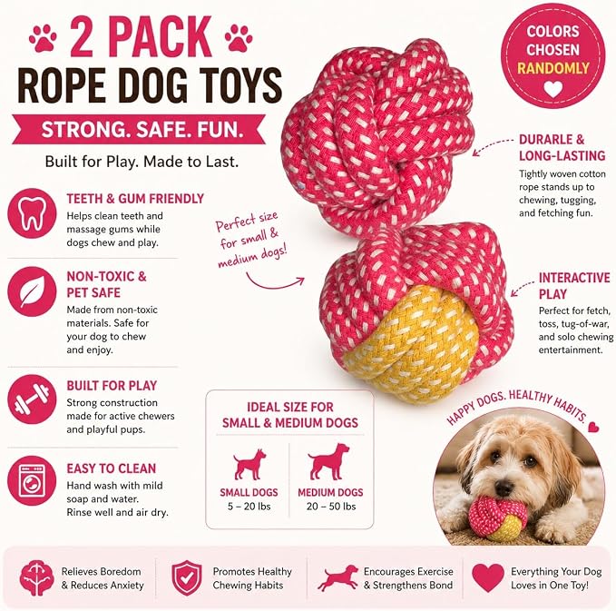 Cotton Rope Dog Ball Toy – Durable Braided Chew & Fetch Ball for Small to Medium Dogs – Natural Teeth Cleaning, Random Colors (Random Pink)