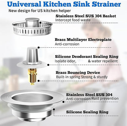 Upgraded 3 in 1 Kitchen Sink Drain Strainer Stopper, Brushed Stainless Steel