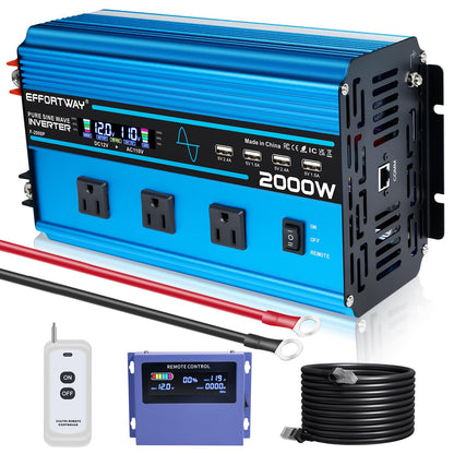 2000W Pure sine Wave Inverter 4000W (Peak) DC 12V to AC 110V/120V Converter with LCD Display Wireless/Wired Remote Control 3AC Outlets and 4USB for Camping RV Travel Off-Grid Solar Systems