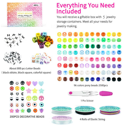 5 Boxes Bracelet Making Kit Pony Beads, 96 Colors 3500Pcs Kandi Beads for Bracelets with 800Pcs Letter Bead Friendship Bracelet Rave Accessories Craft Kits for Kids Adults Keychain Jewelry Making