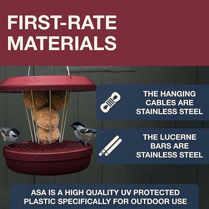 SWISSINNO Bird Feeders - No Mess Fat Ball/Suet Feeder for Outdoors Hanging - Smart Birds Lucerne Spill Proof Wild Cardinal Bird Feeder with Integrated Seed Catcher Tray - Burgundy