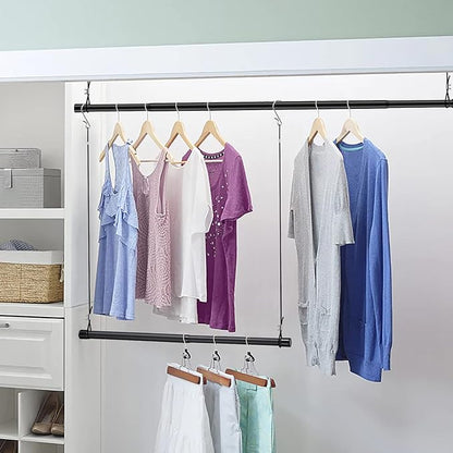 INFLATION Hanging Closet Rod 15-40 Inch Adjustable Width for Stylish Clothes Rack and Hangers, Versatile Black Tension Rod 35 Inch Height Perfect Clothing Organizer for Women, Men, Kids