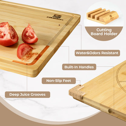 Piklohas Large Bamboo Cutting Boards Set of 4 for Kitchen, Bamboo Charcuterie Chopping Board with Holder Non Slip, Steak Serving Tray with Juice Groove, Big Butcher Block for Cheese, Ideal for Gift