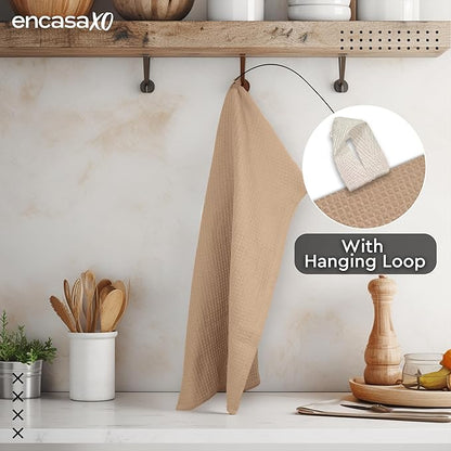 Encasa XO Kitchen Dish Towels Set | Beige | Waffle Weave and Flat Hand Tea