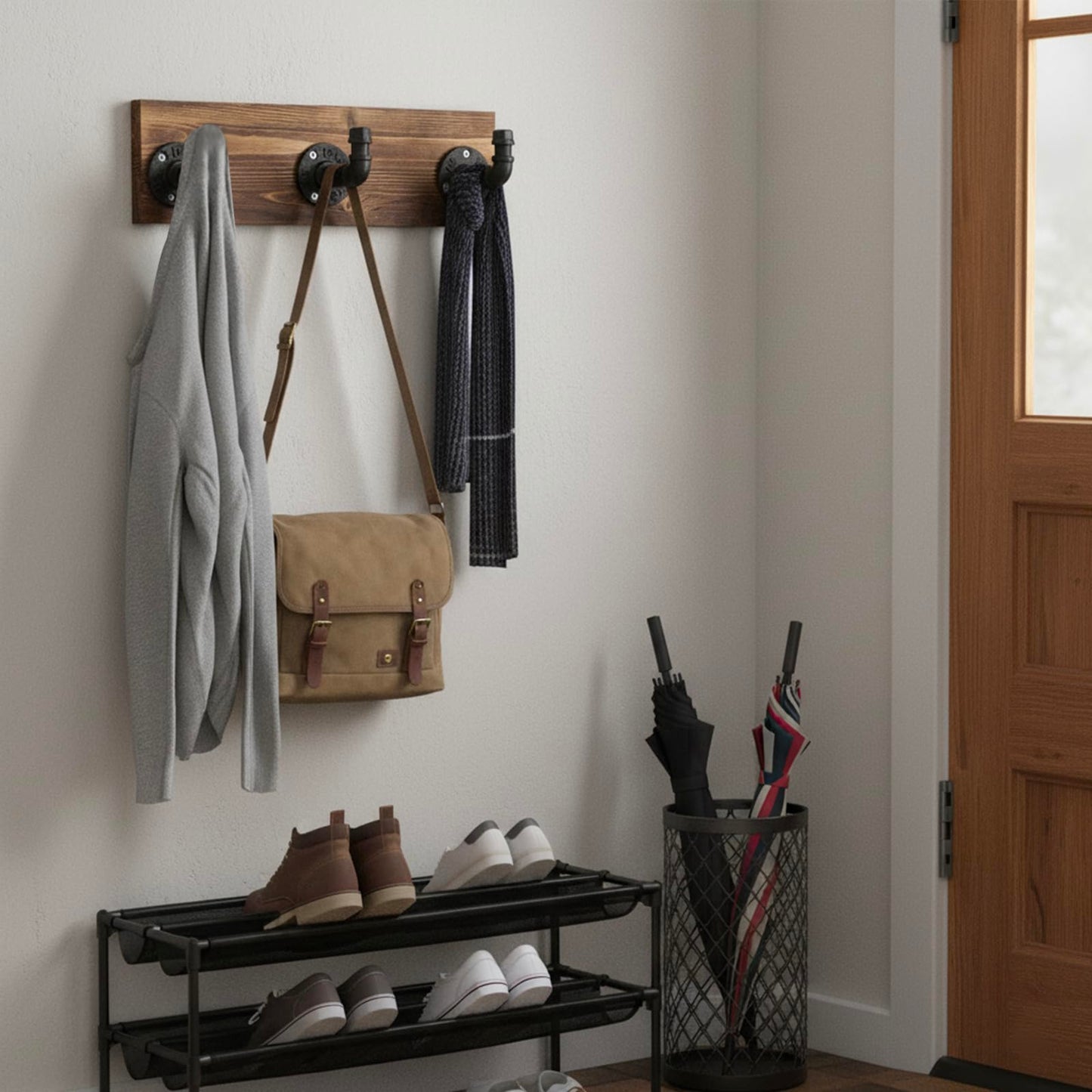 MyGift Burnt Wood Wall Mount Coat Hook Rack and Hat Rack with 3 Hooks Pipe Fixture Design