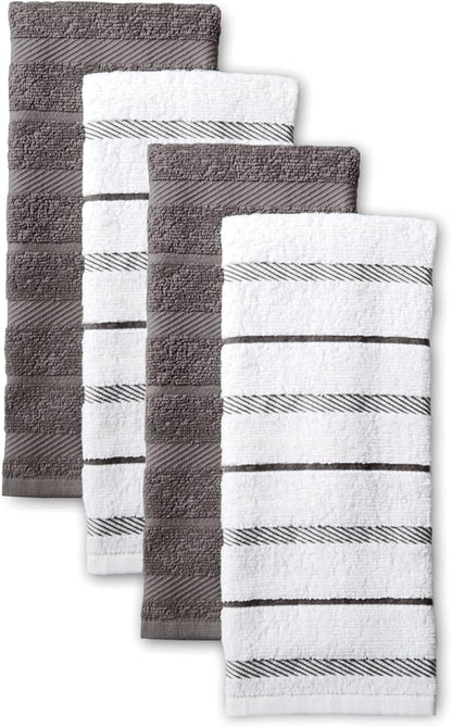 KitchenAid Albany Kitchen Towel 4-Pack Set, Charcoal Grey/White
