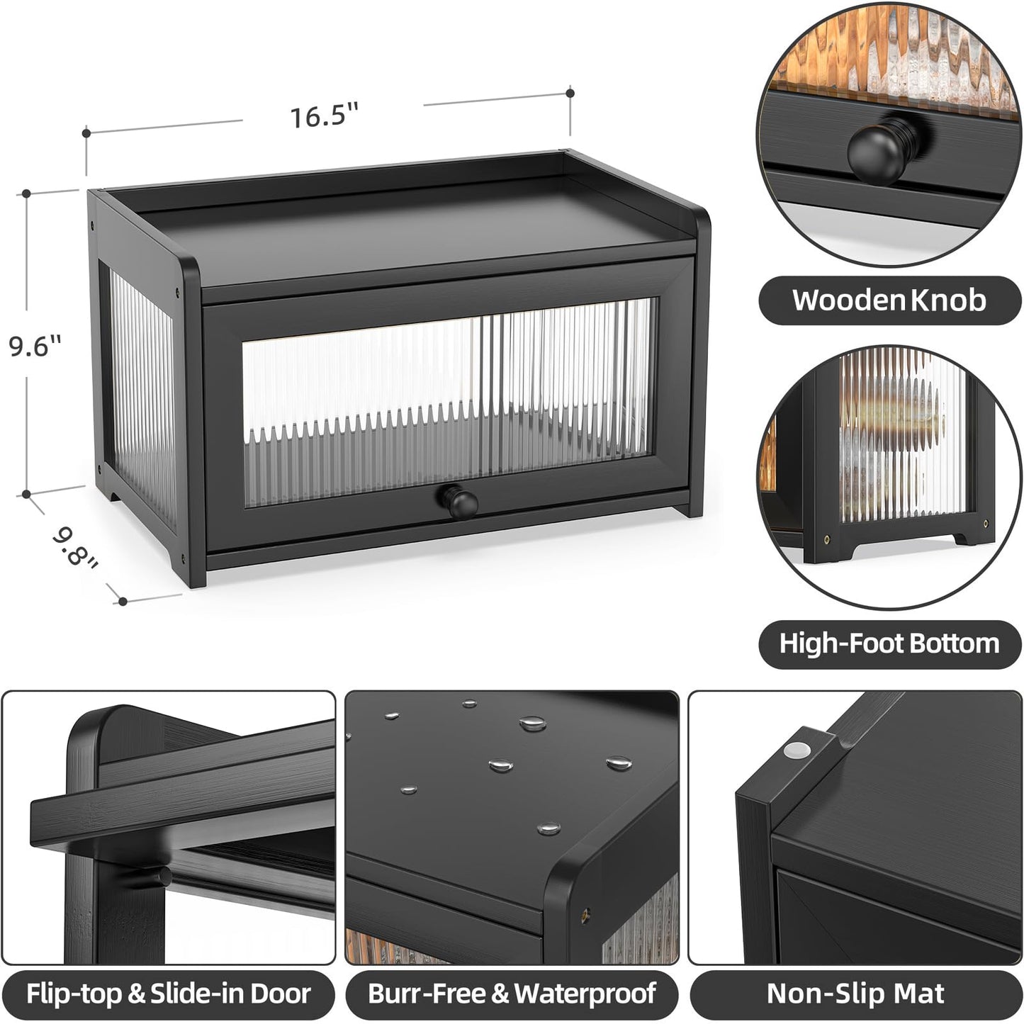 BAMBANG Bamboo Bread Box for Kitchen Countertop, Extra Large Farmhouse Bread Box with 4-Side Clear Panels, Wooden Bread Storage Container for Homemade Bread, Black