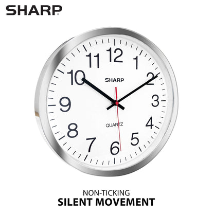 Sharp Wall Clock – Silver/Chrome, Silent Non Ticking 10 Inch Quality Quartz Battery Operated Round Easy to Read Home/Kitchen/Office/Classroom/School Clocks, Sweep Movement