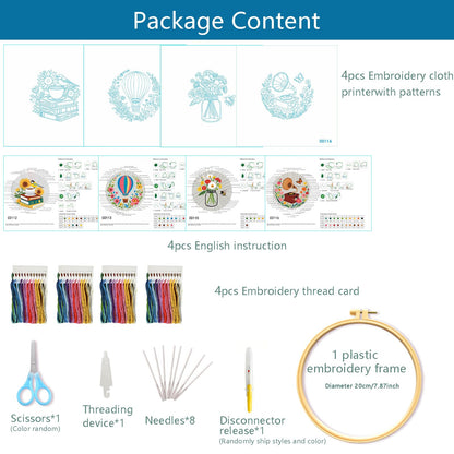 Zhenqing 4-Piece Embroidery Kit for Beginners - Complete Set with Pre-Printed 29x29cm Cotton Fabric, Hoop, Threads & Tools (Books, Hot Air Balloon, Wildflowers, Gramophone Designs)(C0159)