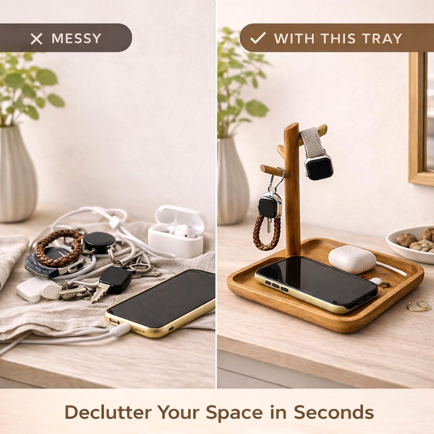 E-ROOM TREND Acacia Wood Key Tray for Entryway Table, Wooden Catchall Organizer with Jewelry Storage Rack, Valet Tray for Keys Wallet Watches Sunglasses Rings(Square)