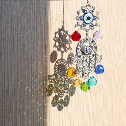 Hamsa Hand with Blue Evil Eye Protection Hanging Crystal Ornament with Chakra Energy Crystal Balls