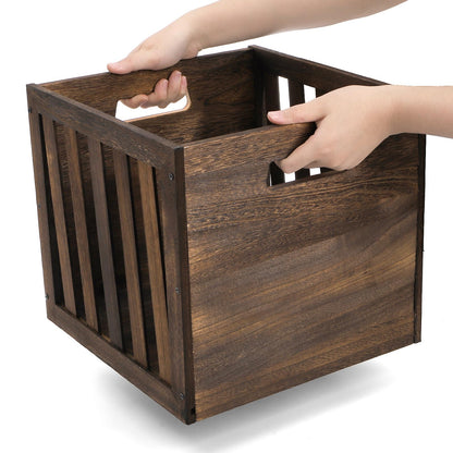 yarlung Wood Storage Bin Cube Wood Crate with Handles, Rustic Brown Decorative Box, Stackable Shelf Basket Books Organizer for Closet, Bookcase, 12"x12"x11", Easy Assembly