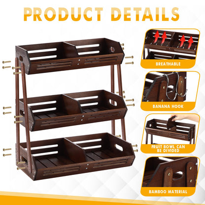Briwooody 3 Tier Fruit Basket for Kitchen Counter Fruit Storage Large Wood Vegetables Basket with Banana Hooks Bowl Stand Holder Snack Organizer Countertop Onion Bread Pantry