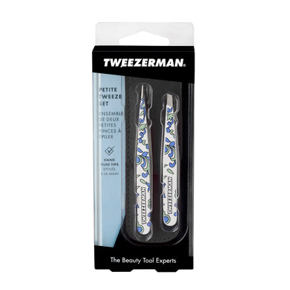 Tweezerman Paisley Petite Point and Slant Tweezer Set with Travel Case - Eyebrows for Women and Men
