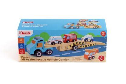 Jasey's Toy Chest Wooden Off to the Rescue Vehicle Carrier - 6-Piece Fire & Rescue Wooden Toy Set for Kids Ages 3+ | Oppenheim Award Winner