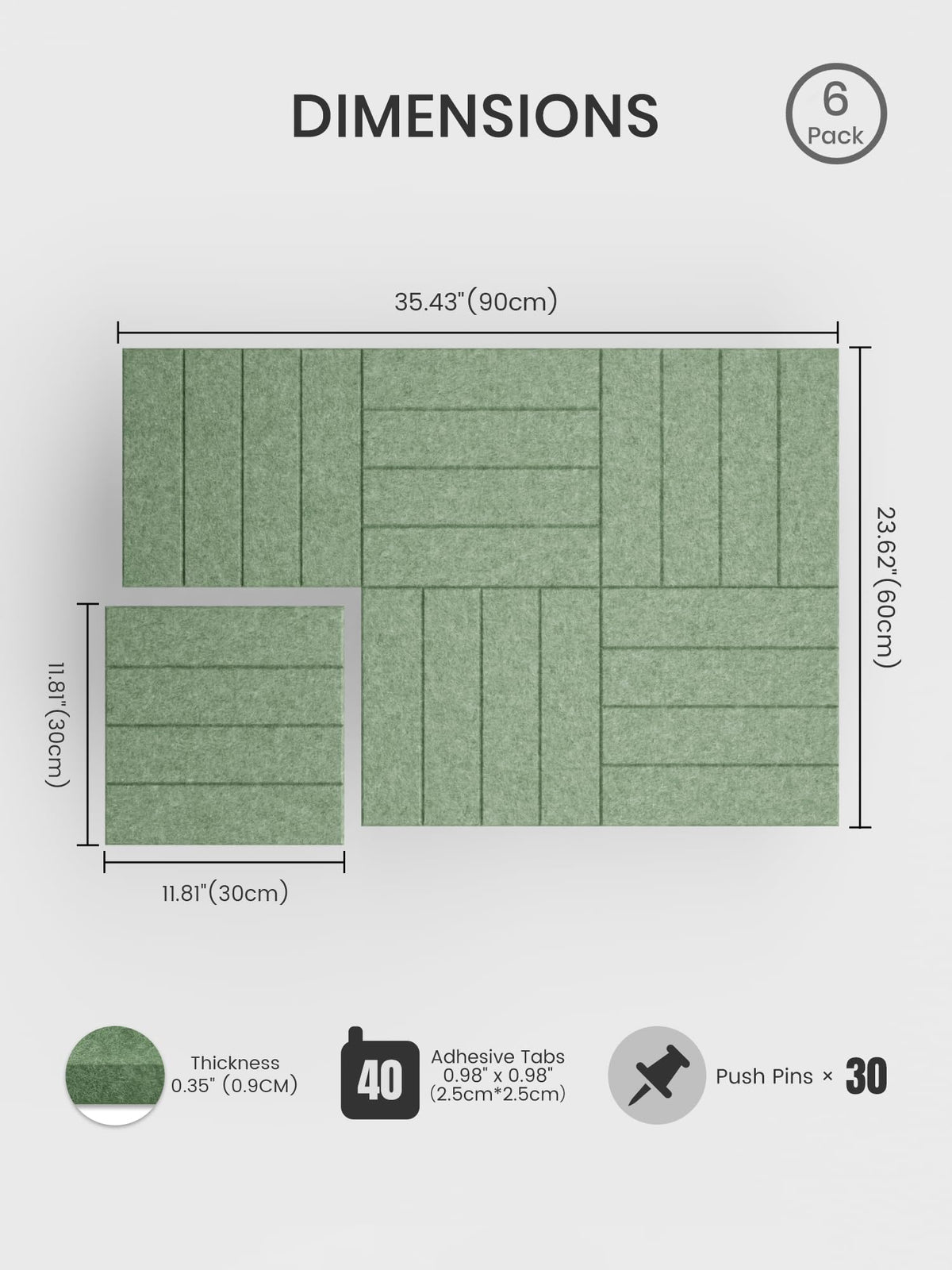 Bumusty Large Cork Board Alternative-36 x 24" Felt Bulletin Board Tiles, with 30 Pushpins, 40 Adhesive Tabs, Bold-Stripe 6-Pack, Cork Boards for Office Push Pin Board Felt Board-Moss Green