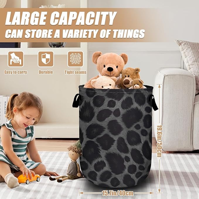Grey Black Leopard Print Laundry Basket, Foldable Animal Leopard Laundry Hamper