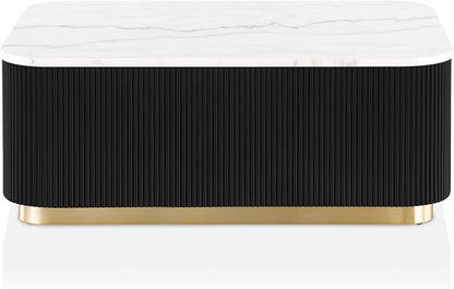 Furniture of America Beryl Modern Rectangle White Genuine Marble Top Coffee Table with Fluted Pedestal Base and Gold Stainless Steel Accent, Low Profile Table for Living Room, Home Office, Black
