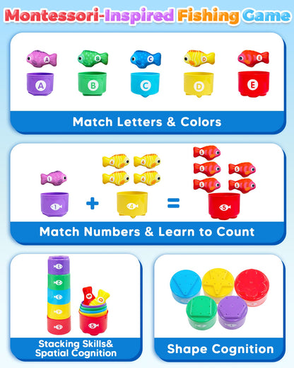 Montessori Toys for 1 Year Old, Toddler Fishing Game with Stacking Cups, Learning Educational Toys for 1 2 Year Old Boy Girl Birthday Gifts, Baby Toy 12-18 Months, Sensory Sorting Toy for Toddlers 1-3