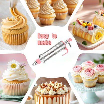 Dessert Decorating Syringe Set, Frosting Piping Kit icing piping kit 54 food-grade stainless steel piping nozzles for Baking, Decorating Cupcake, Deviled Eggs, Black (pink)