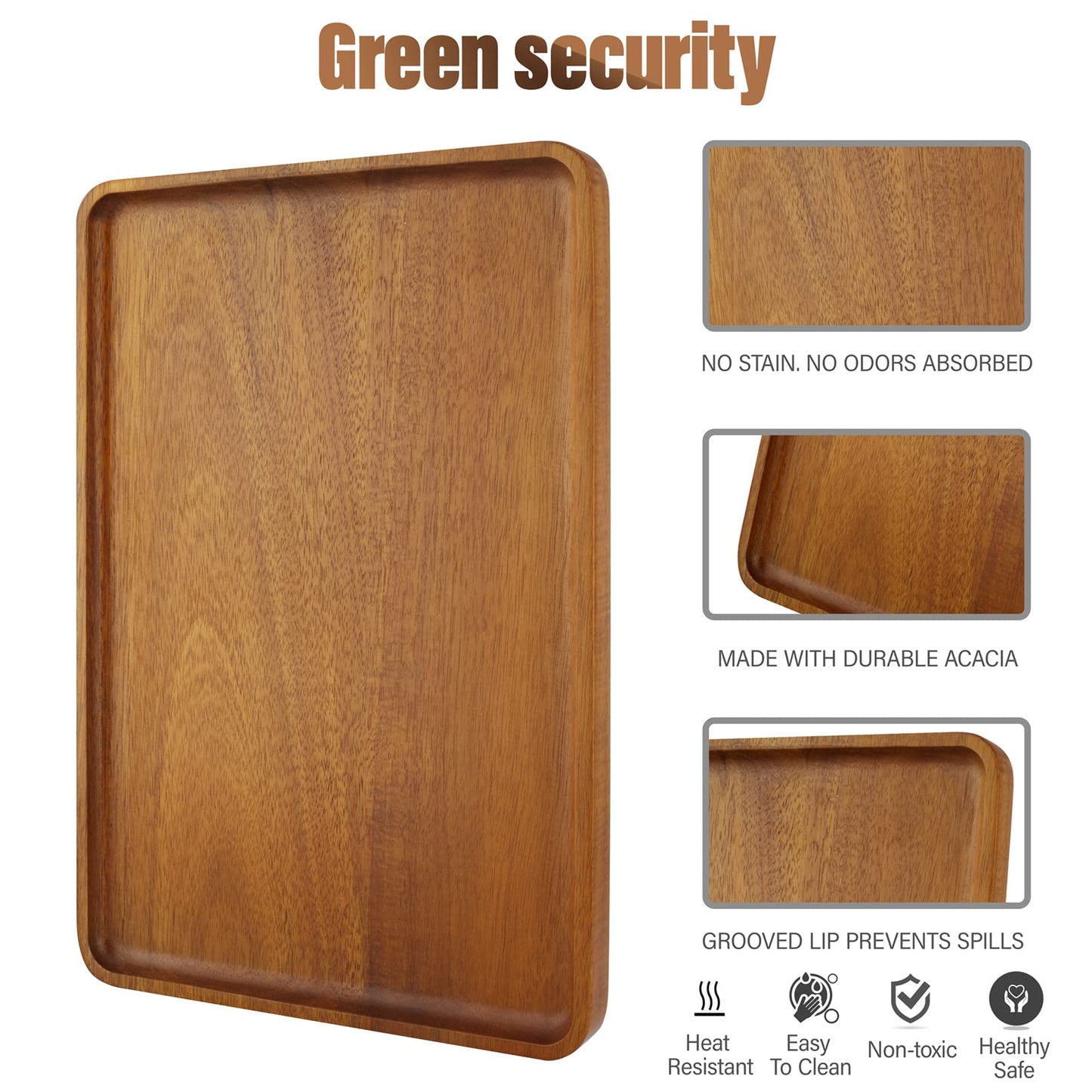 2 PCS 13 x 9 in Solid Acacia Wood Serving Trays Rectangular Wooden Serving Platters Natural Wooden Boards for Bar Coffee Party