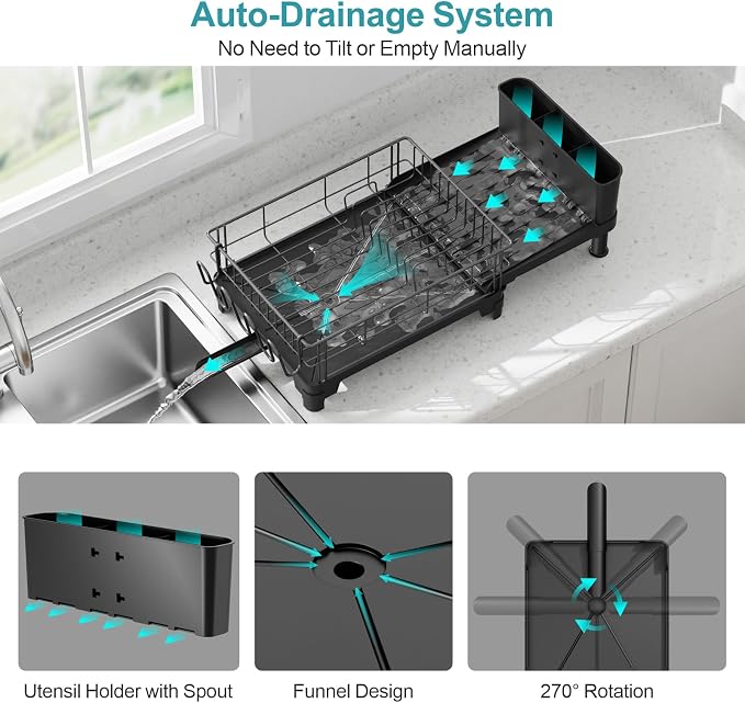 GSlife Large Dish Drying Rack for Kitchen Counter, Expandable Rust Resistant Dish Drainer with Drainboard & Utensil Holder, Adjustable Dish Rack with Vertical Pot Storage, 12.6"W x 18.7"-25.2"L, Black