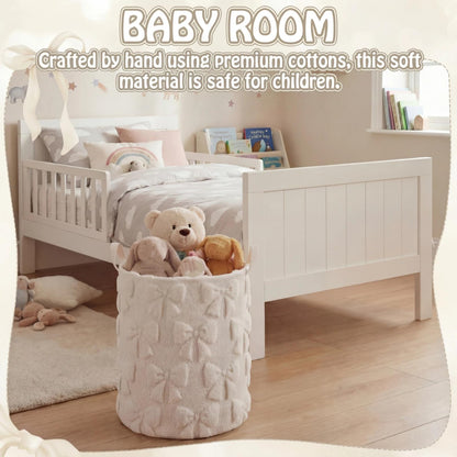 Blushtier White Bow Laundry Hamper Girls Room Decor Coquette White Bow Plush Faux Fur Basket Kids Large Storage Basket Collapsible Organize Bins for Gifts Toys Blanket Clothes Nursery Bedroom