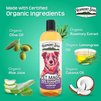 VERMONT SOAP Organics Pet Shampoo - Infused with Organic & Natural Olive Oil, Coconut & Aloe Vera Dog Shampoo for Sensitive Skin - USDA Certified Grooming Pet Shampoo - Lavender (16oz)