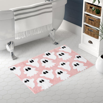 JarThenaAMCS Halloween Bathroom Rug Pink White Little Boo Bath Mat Non Slip Doormat Spooky Ghost Holiday Front Mat for Indoor Living Room Home Decoration