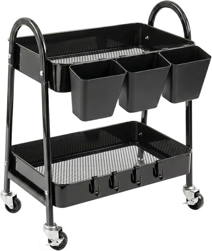 danpinera 2-Tier Rolling Cart, Utility Cart Mobile Metal Rolling Storage Cart with Lockable Wheels & Hanging Cups & Hooks for Kitchen, Bathroom, Office, Workshop