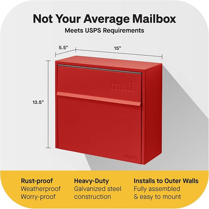 Adoorn Lockable Wall Mount Mailboxes for Outside - Small Anti-Theft Locking Mailbox for Letters - Weatherproof Construction - Durable Steel - 13.5" H x 15" L x 5.5" D - Red-Red