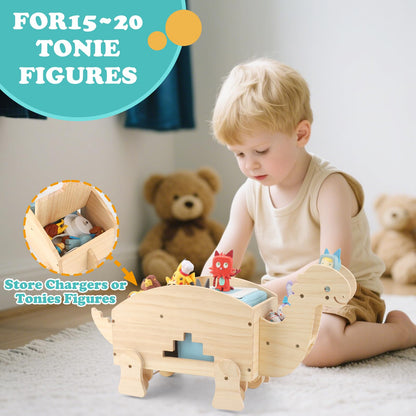 RZYLKA Dinosaur for Toniebox Organizer Shelf Storage – Magnetic Wooden for Tonies Shelf & Tonies Figures Display Rack, Slideable Dinosaur Car Design Compatible with Toniebox 1/2