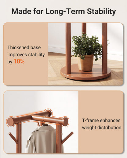 Pipishell Coat Rack Freestanding, Rolling Pine Wood Coat Tree with Wheels, 9 Hooks, T-Shaped Top & 3-Tier Shelves for Entryway, Hallway, Bedroom, Hall Tree for Coats, Bags, Hats & Scarves