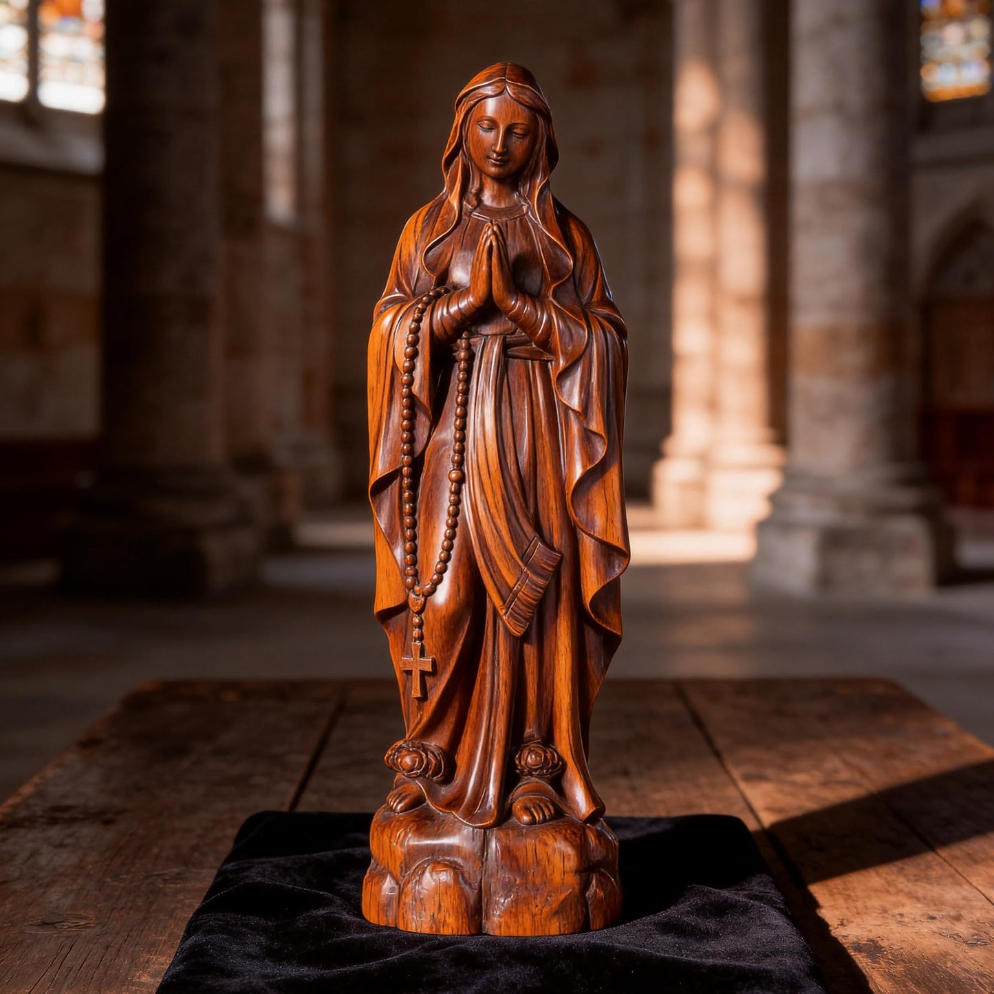ASTARIKO Boxwood Our Lady of Lourdes Statue - 6" Hand-Carved Wooden Blessed Mother Virgin Mary Figurine with Rosary, Catholic Home Decor & Premium Healing Religious Gifts