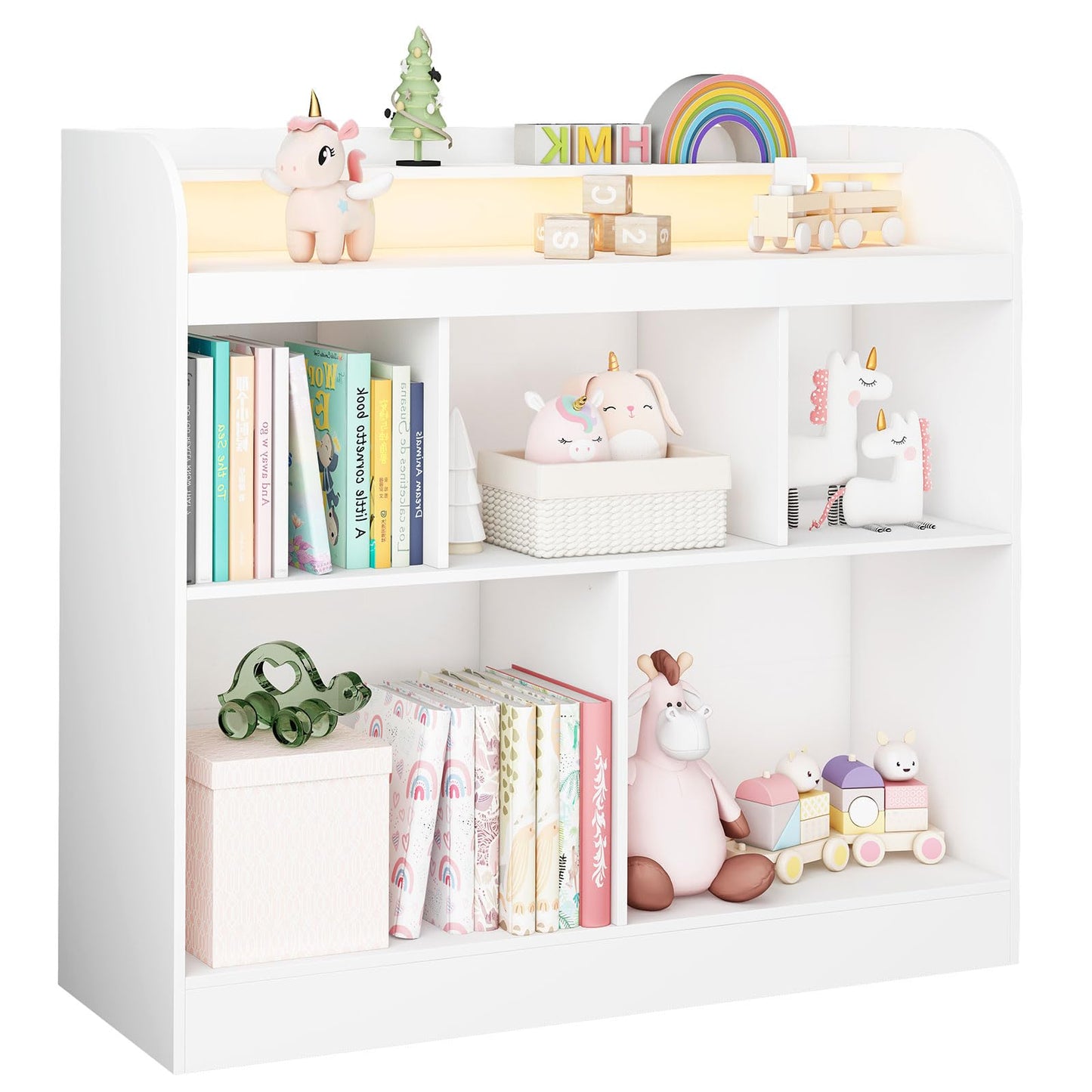 Lkeiyay Open Shelf Kids Bookcase,Montessori Toy Organizer with LED Lights - White Wooden Open Bookcase for Kids, Bedroom, Back to School,Playrooms & Nurseries