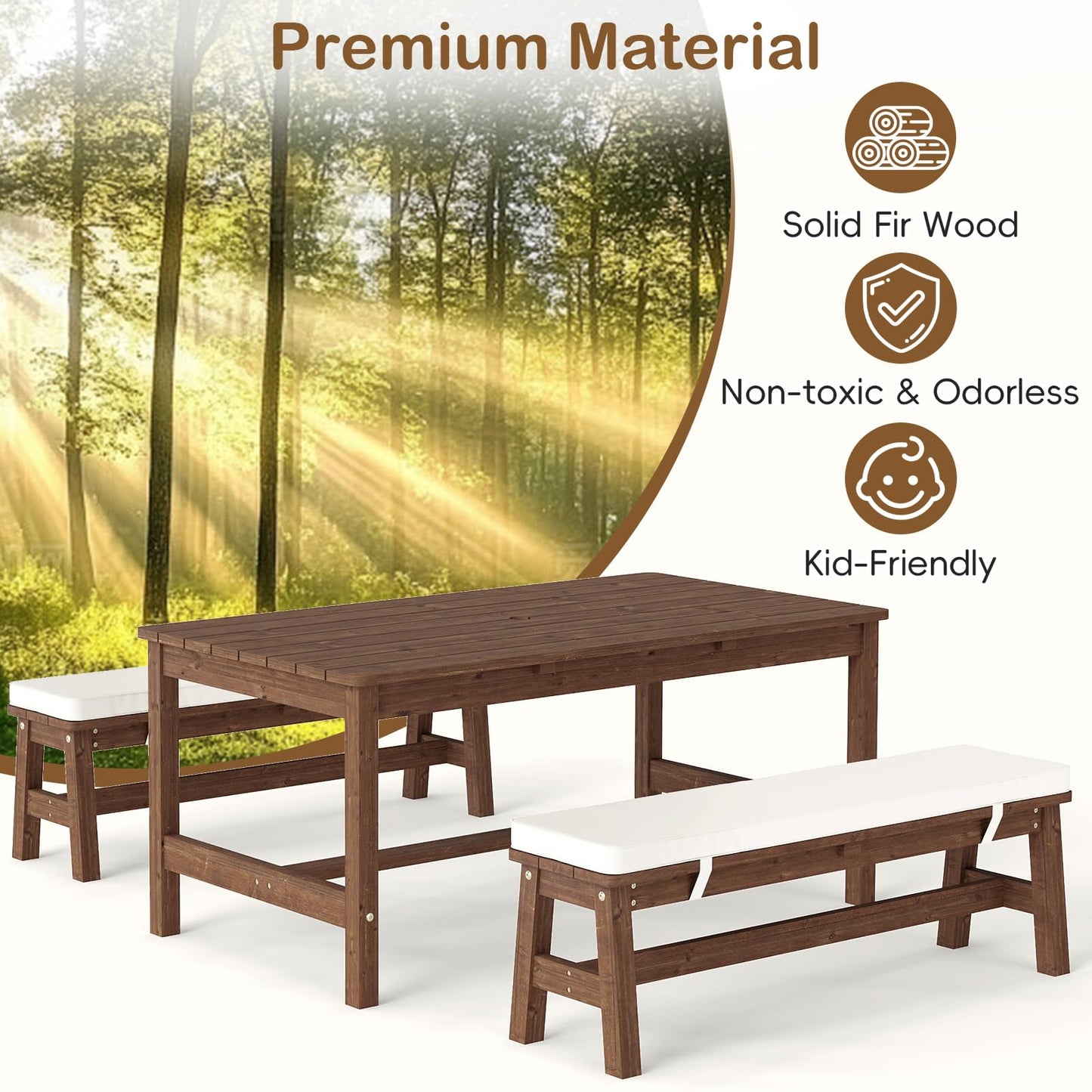 Olakids Kids Picnic Table, Outdoor Wooden Bench Set with Removable Cushions Adjustable Foldable Umbrella, Toddler Backyard Furniture for Patio Garden