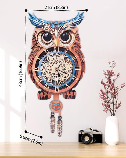 Rnfinewow 3D Wooden Puzzles for Adults, Owl Clock with Pendulum Model Kit, 3D Puzzles for Adults Room Home Decor DIY Wall Clock Kit, Holiday Birthday Christmas Day Gifts for Men Women