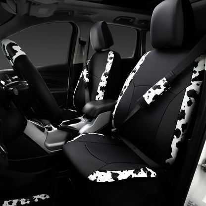 CAR-PASS Cow Print Car Accessories Sets Faux Leather Car Seat Covers & Cow Car Mats & Cow Steering Wheel Cover Seat Belt Pads Universal fit for SUV,Van,Saden,Truck Cute Automobile Interior Sets Women