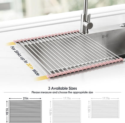Tomorotec 21" x 15.5" Roll Up Dish Drying Rack Over Sink Drying Rack Sink Cover Kitchen Sink Accessories Gadget Multipurpose Organizer Foldable Stainless Steel Drainer
