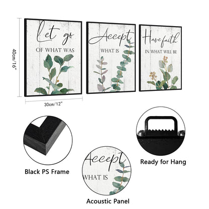 Inspirational Wall Art Office Decor: 3 Piece Motivational Quotes Wall Art 12"x16",Accept Let Go Have Faith Wall Decor for Office,Eucalyptus Pictures Framed Hanging Inspirational Posters for Bedroom