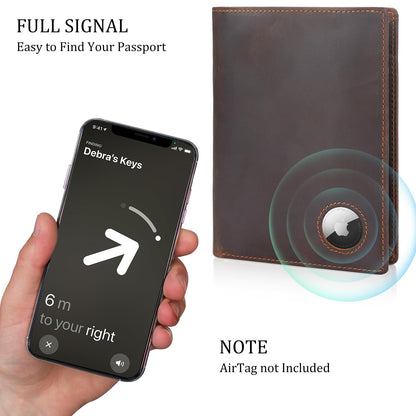 Polare Luxury RFID Blocking Leather Passport Holder Travel Wallet For Men and Women (Dark Brown with AirTag Slot)