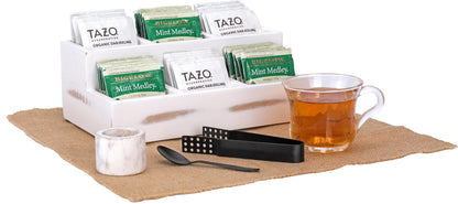 Wooden Tea Bag Organizer | Farmhouse Finish | 6-Compartment Storage | Countertop | Accessories: Tea Bag Squeezer, Natural Jute Placemat, Tea Spoon, Wooden Napkin Ring