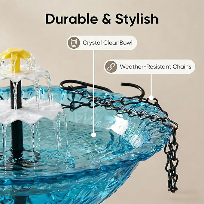 Solar Cascade Hanging Bird Bath Fountain,Solar Powered Cascade Hanging Bird Bath Fountain with Solars Pump,for Outdoor and Gardens (Pink)