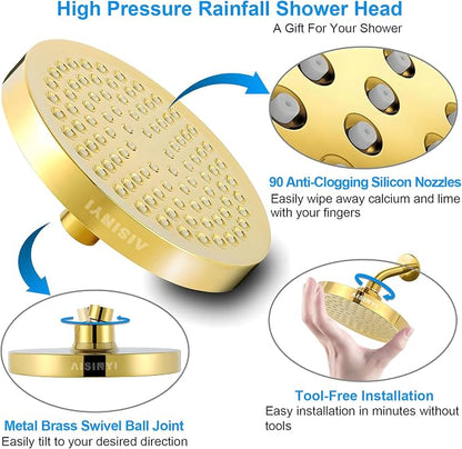High Pressure Rainfall Shower Head, 6 Inches Showerhead with Perfect Adjustable Replacement, Removable Restrictor, Easy Installation for Your Bathroom Shower Heads (Deluxe Gold + Shower Arm)
