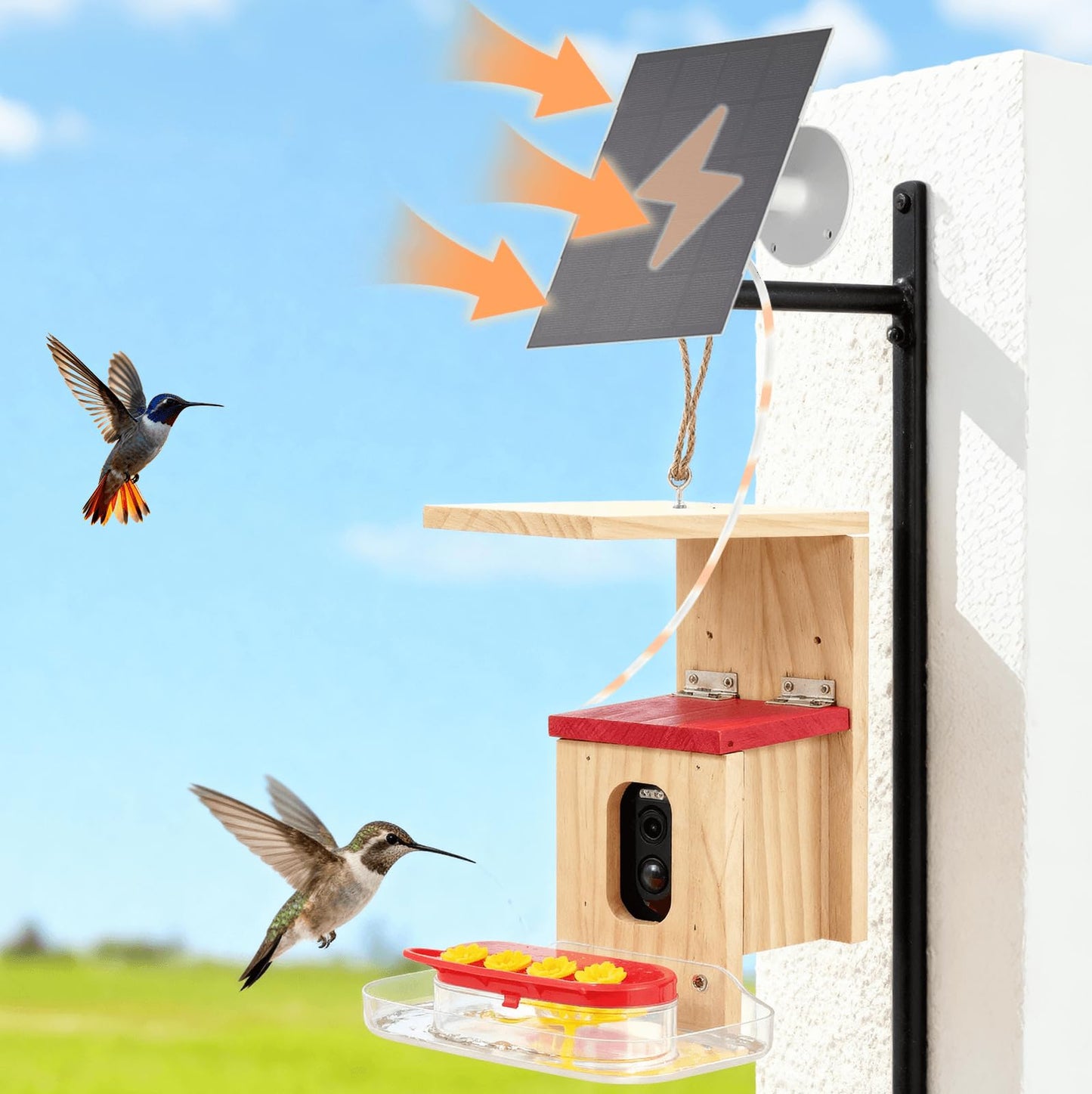 Hummingbird Feeder with Camera Solar Powered, Outdoor Hanging Wooden Smart Hummingbird Feeder, Real-Time View & Motion Detection, for Garden for 2.4g WiFi Coverage Area, for Bird Lovers
