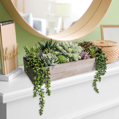 Winlyn 15" Artificial Succulents Plants Arrangement Fake Succulent Plants in Whitewashed Rectangular Wooden Planter Box Faux Potted Plant Decor for Home Windowsill Shelf Farmhouse Table Centerpiece