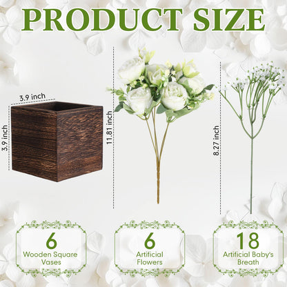 Suncalla 6 Sets Artificial Peonies Flowers Table Centerpieces with Wooden Cube Planter Box Wedding Floral Arrangement 4 x 4 Square Wood Vase for Bridal Party Home Table Decor(White)